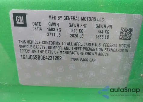 2014 Chevrolet Sonic Lt Auto from USA, damaged, VIN 1G1JC6SB0E4231292